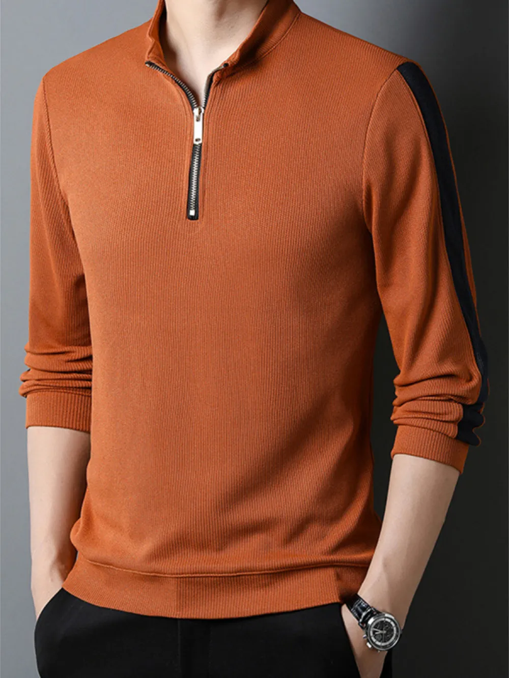 Men's Plus Size Quarter Zip Long Sleeve Polo, image 9