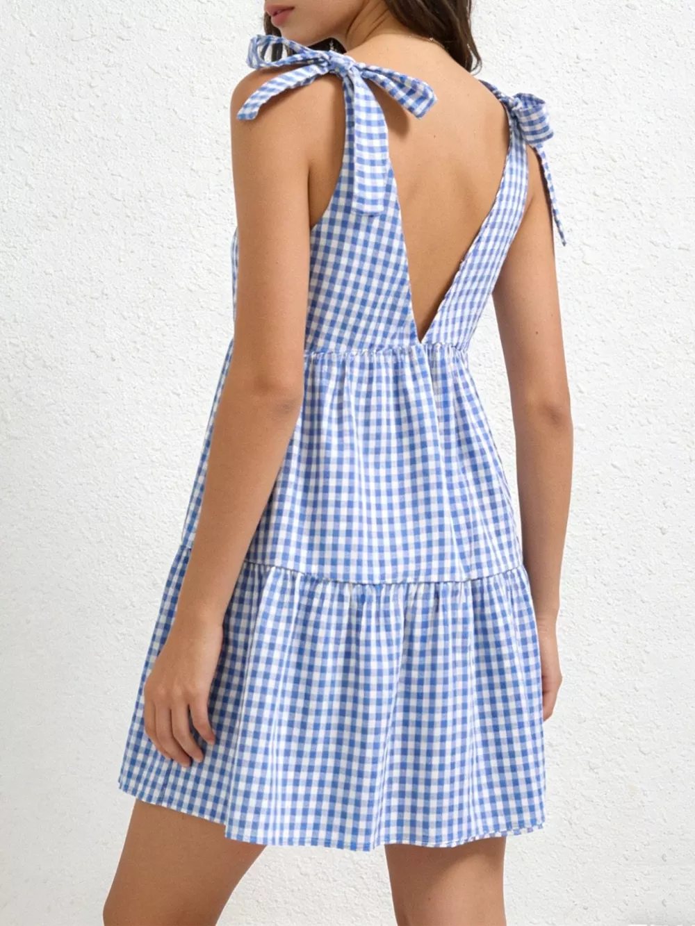 Gingham Tie-Shoulder Ruffle Hem Mini Dress, image 3