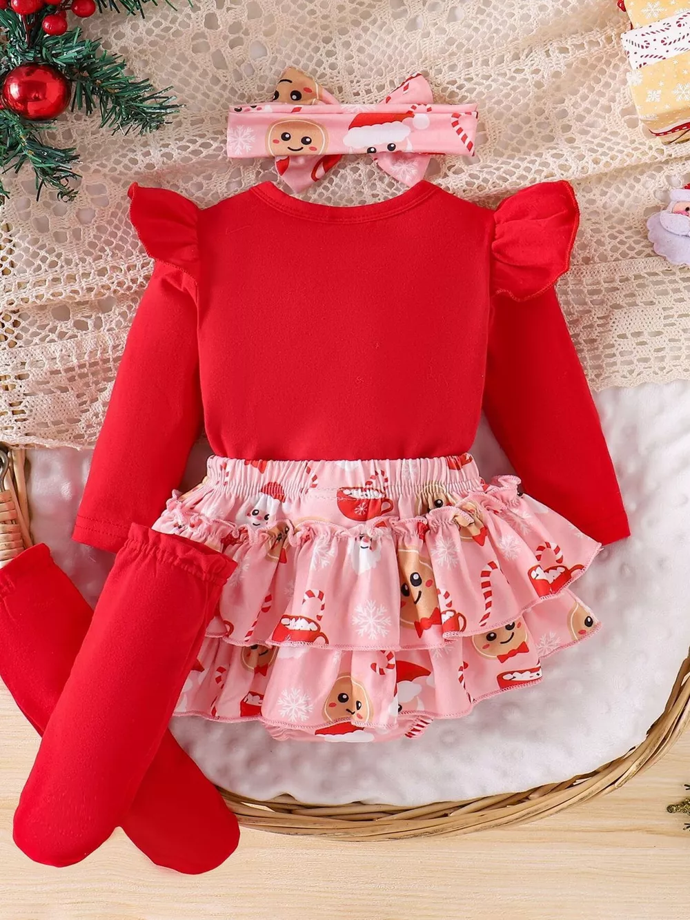 Children's Christmas Ruffled Long Sleeve Top and Skirt Set with Headband, image 7