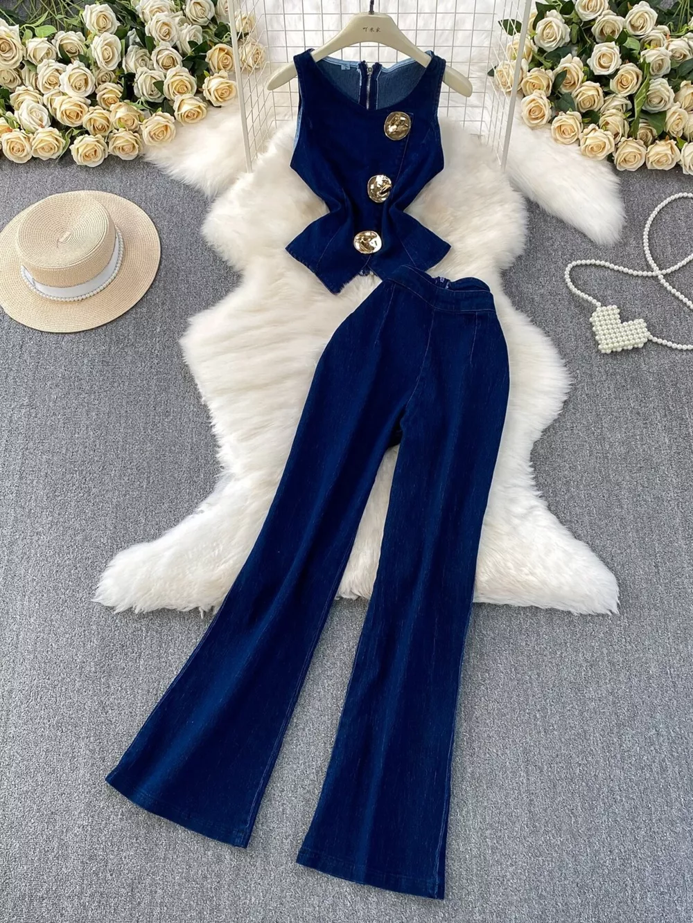 Button Detail Vest and Flare Jeans Denim Set