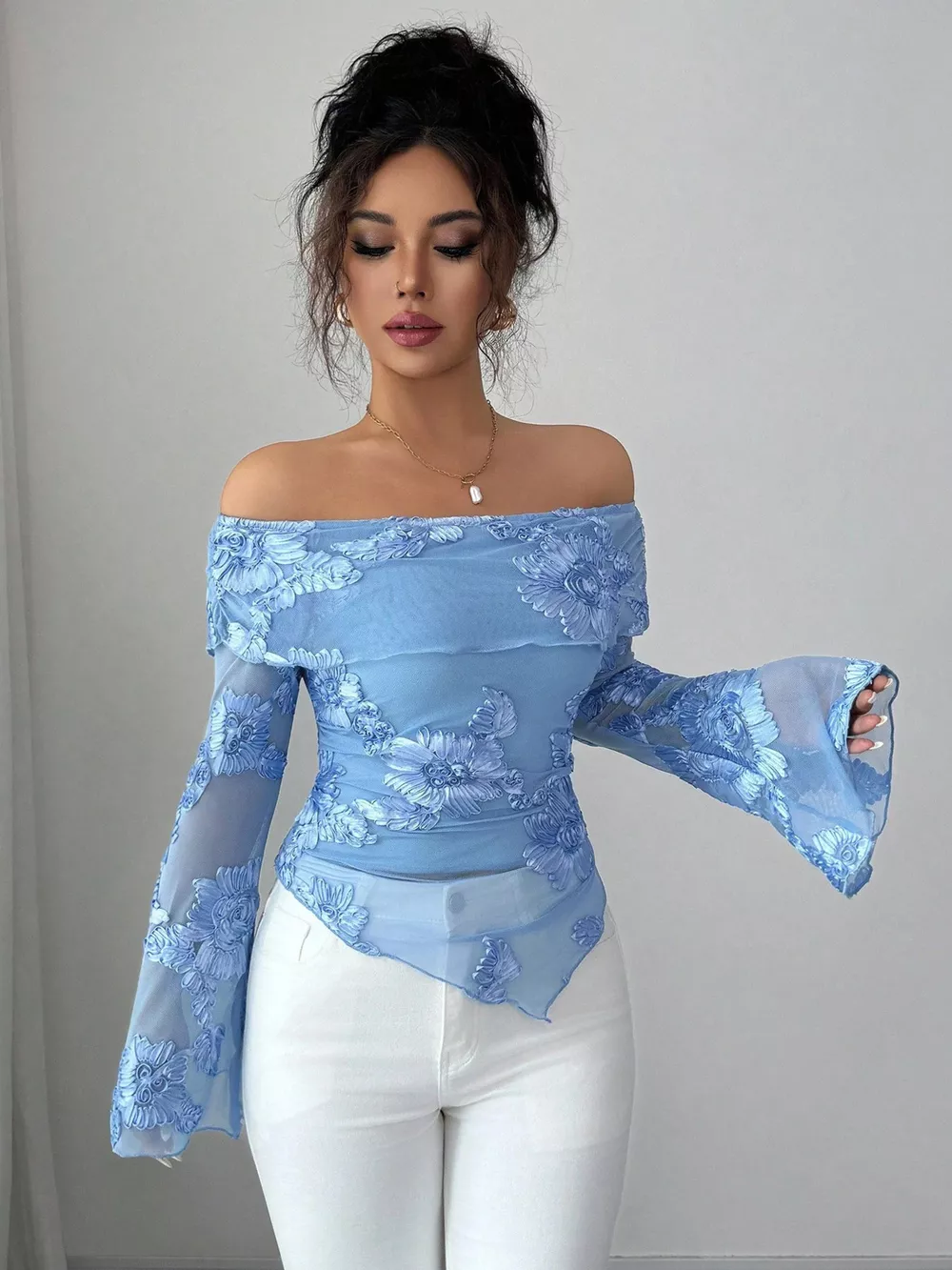 Floral Off-Shoulder Mesh Blouse, image 4
