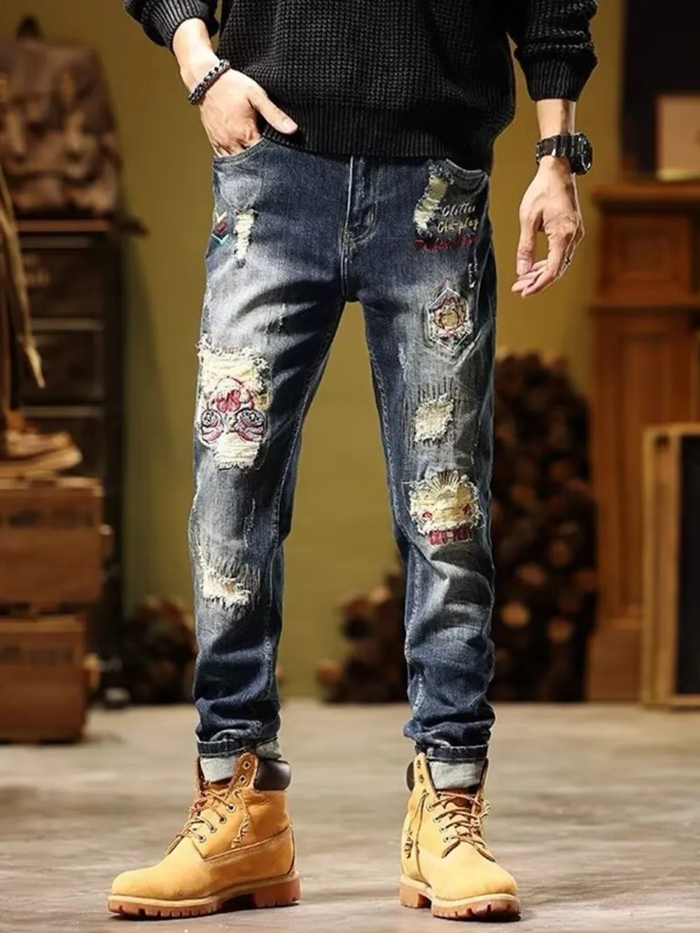 Men's Full Size Distressed Wash Slim Fit Jeans Plus Size, image 2