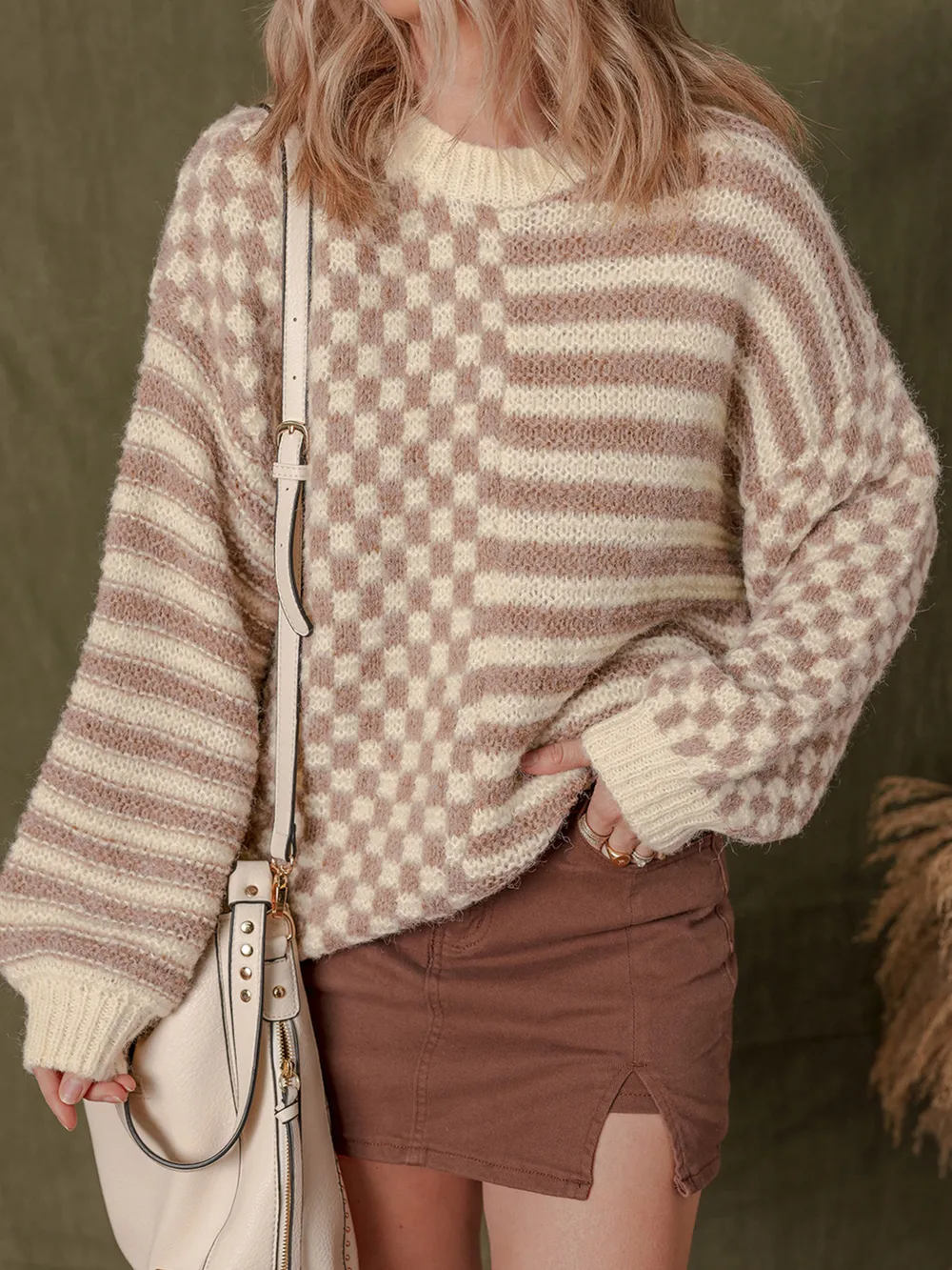 Stripe Checkerboard Drop Shoulder Balloon Sleeve Sweater, image 3