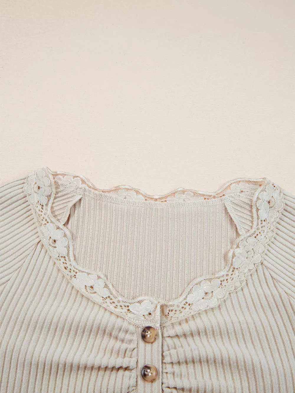 Lace Neckline Button Decor Lettuce Edge Long Sleeve Ribbed Top, image 9