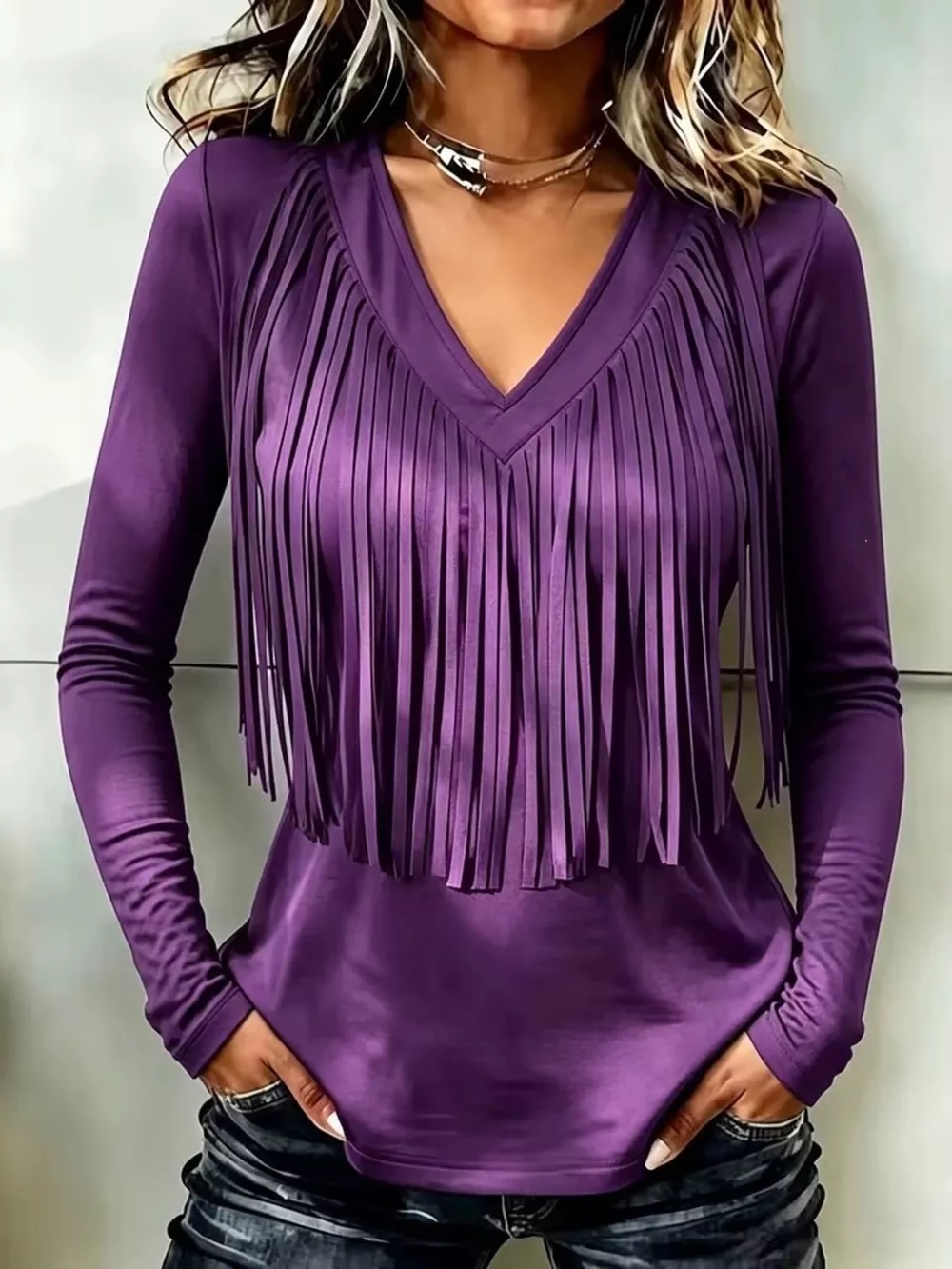 Fringe V-Neck Long Sleeve T-Shirt, image 13