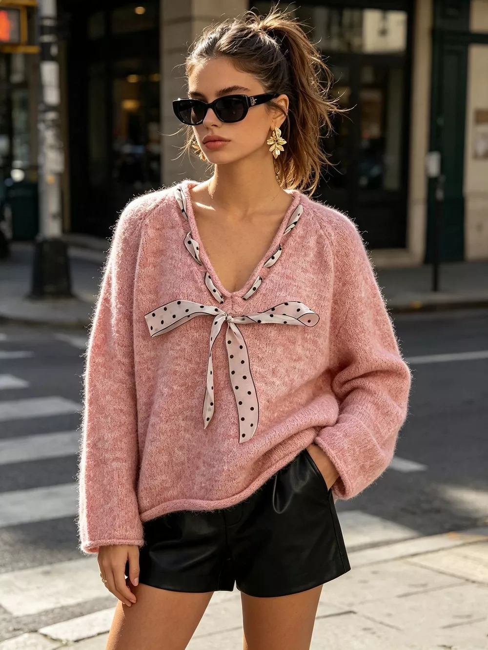 Chic V-Neck Sweater with Polka Dot Ribbon Tie, image 10