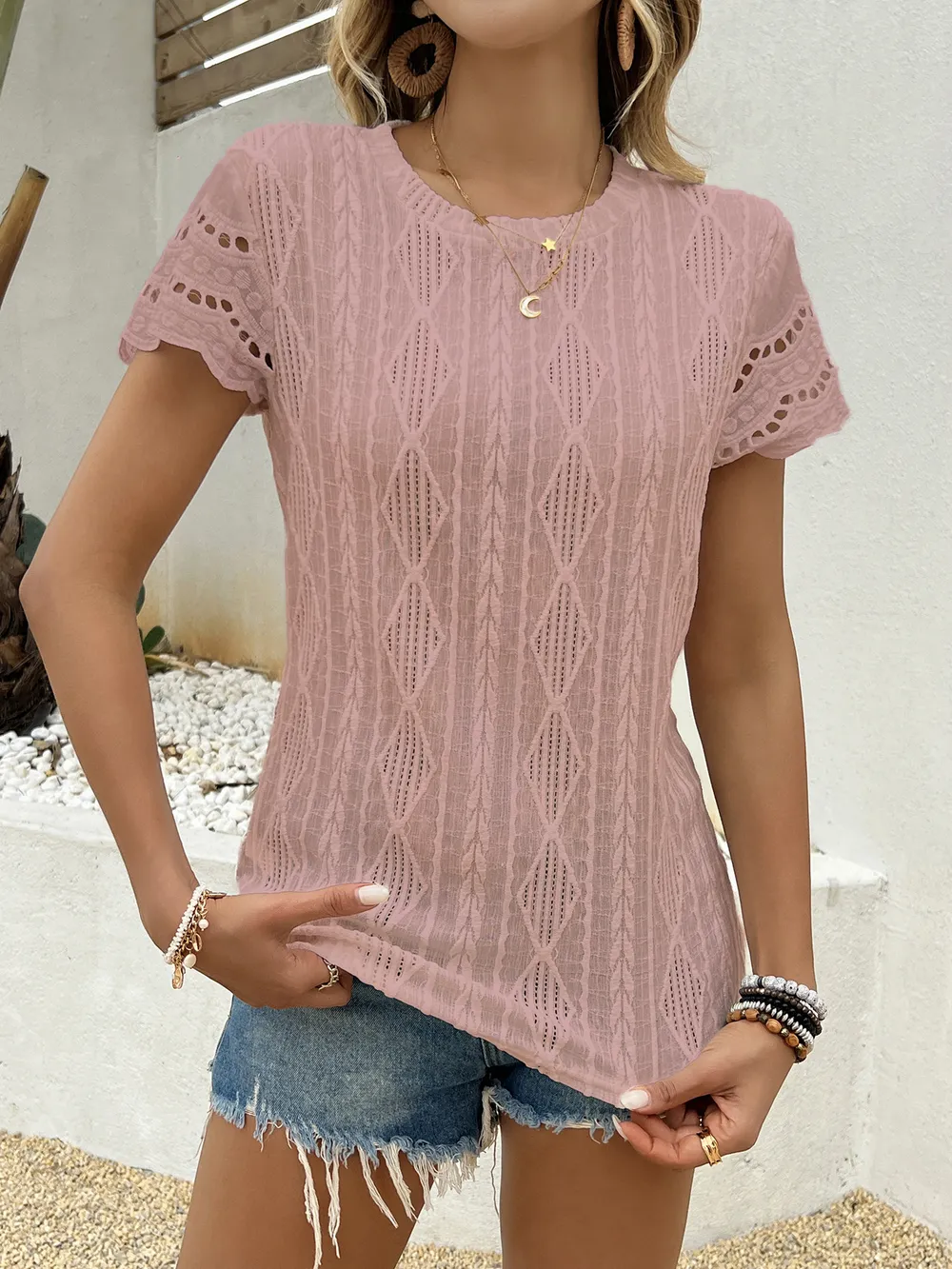Crochet Lace Short Sleeve T-Shirt, image 20