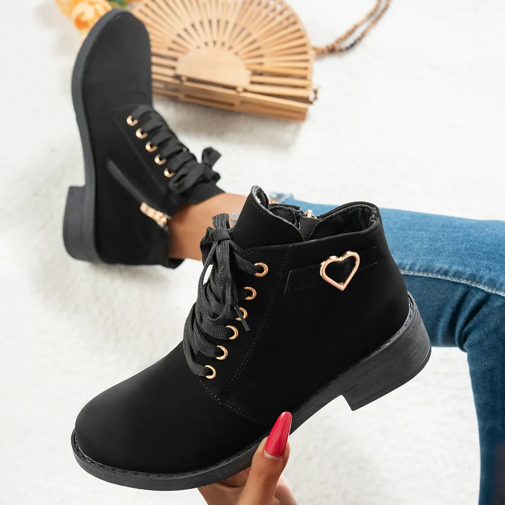 Lace-Up Ankle Boots with Heart Charm Detail, image 2