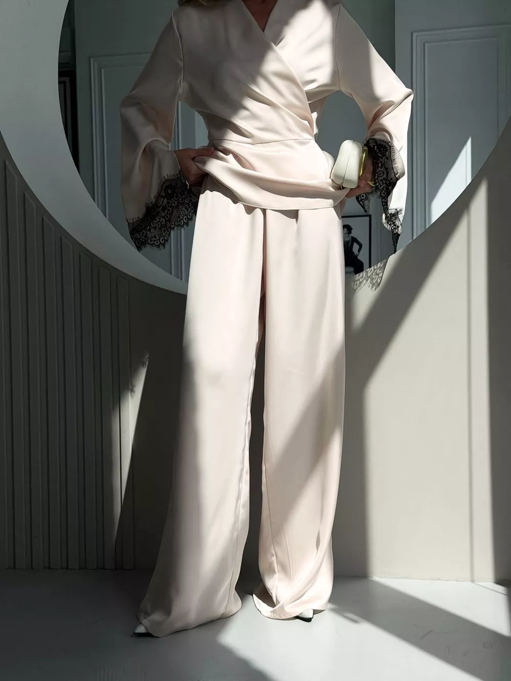 Lace Trim Wrap Top and Pants Set, image 4