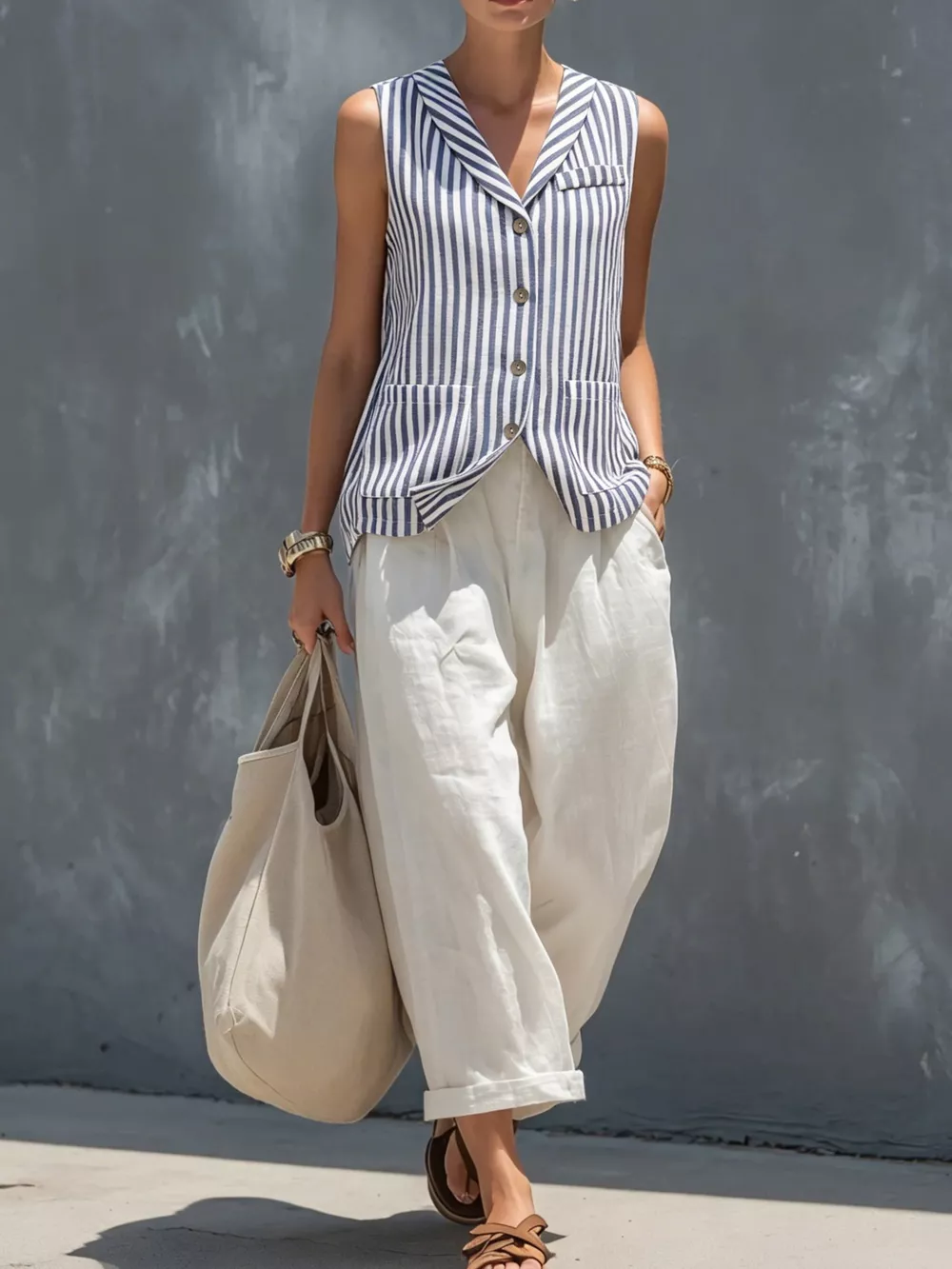 Striped Button Down Vest and Pants Set