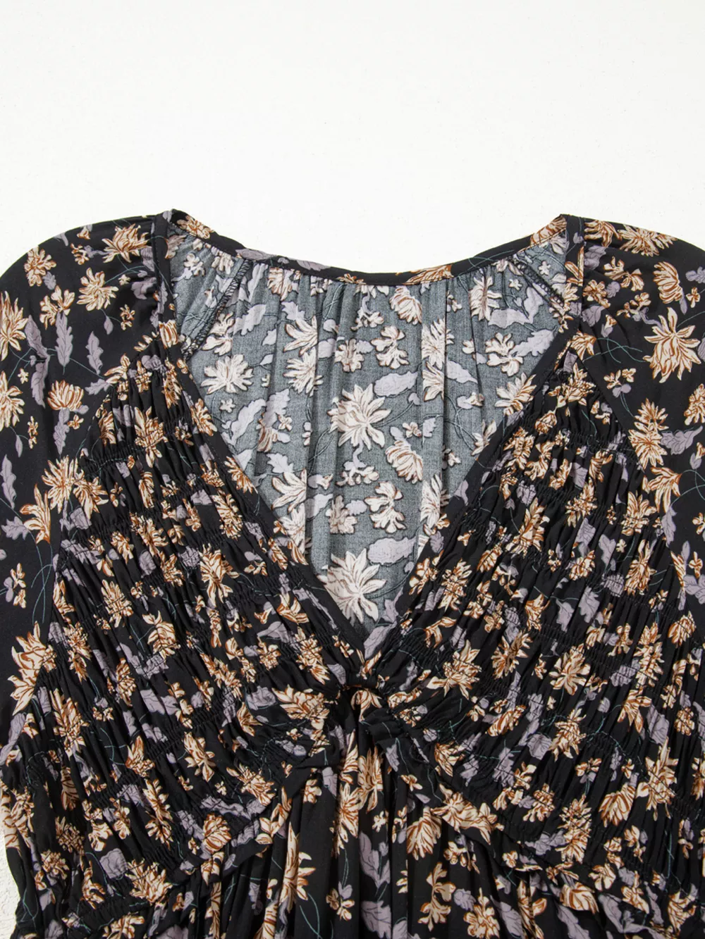 Floral Deep V Neck Smocked Bust Bubble Sleeve Babydoll Dress, image 9