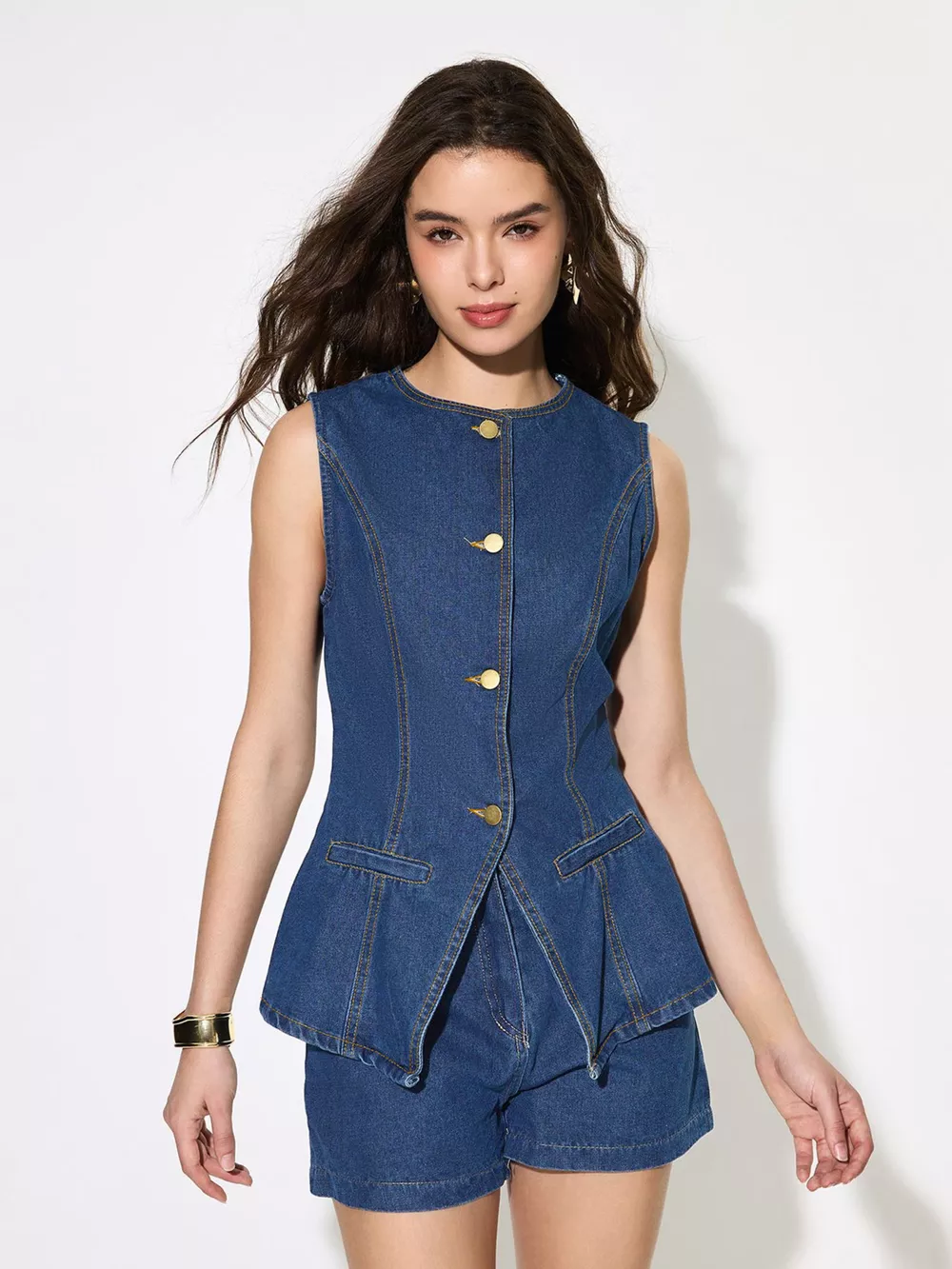 Button Up Sleeveless Denim Top, image 2
