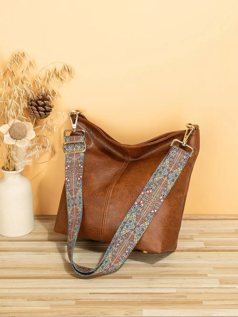PU Leather Crossbody Bag with Patterned Strap, image 3