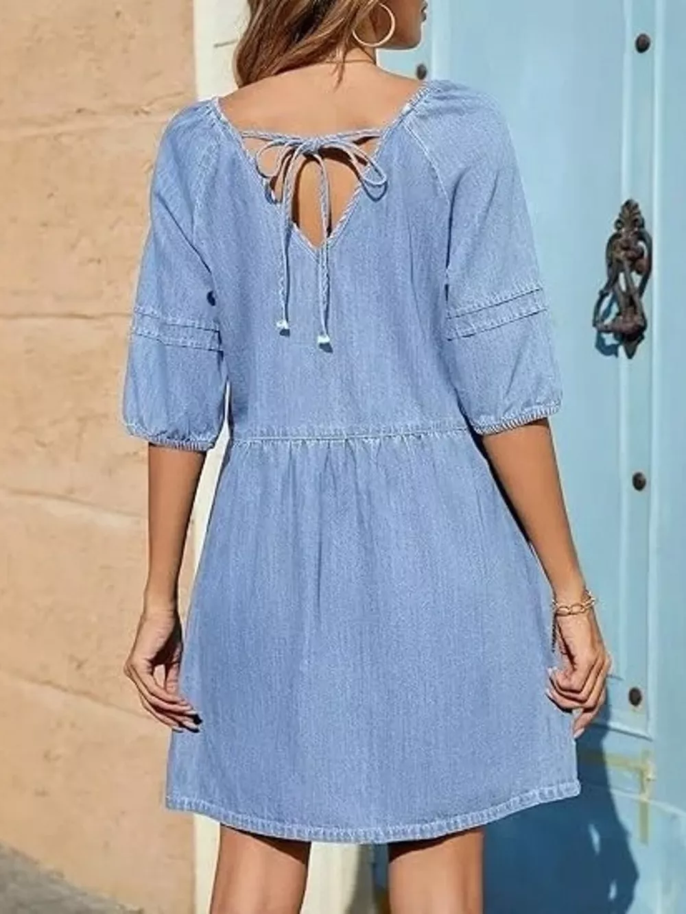 Casual V-Neck Puff Sleeve Denim Mini Dress, image 4