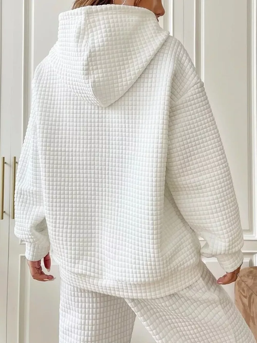 Waffle Knit Hoodie with Drawstring Details, image 3