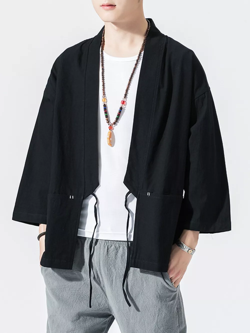 Men's Plus Size Tie Front 3/4 Sleeve Cardigan