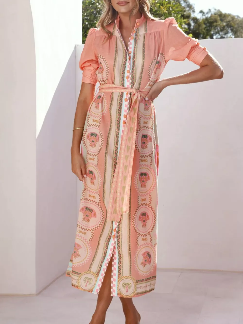 Printed Puff Sleeve Tie Waist Midi Dress, image 12