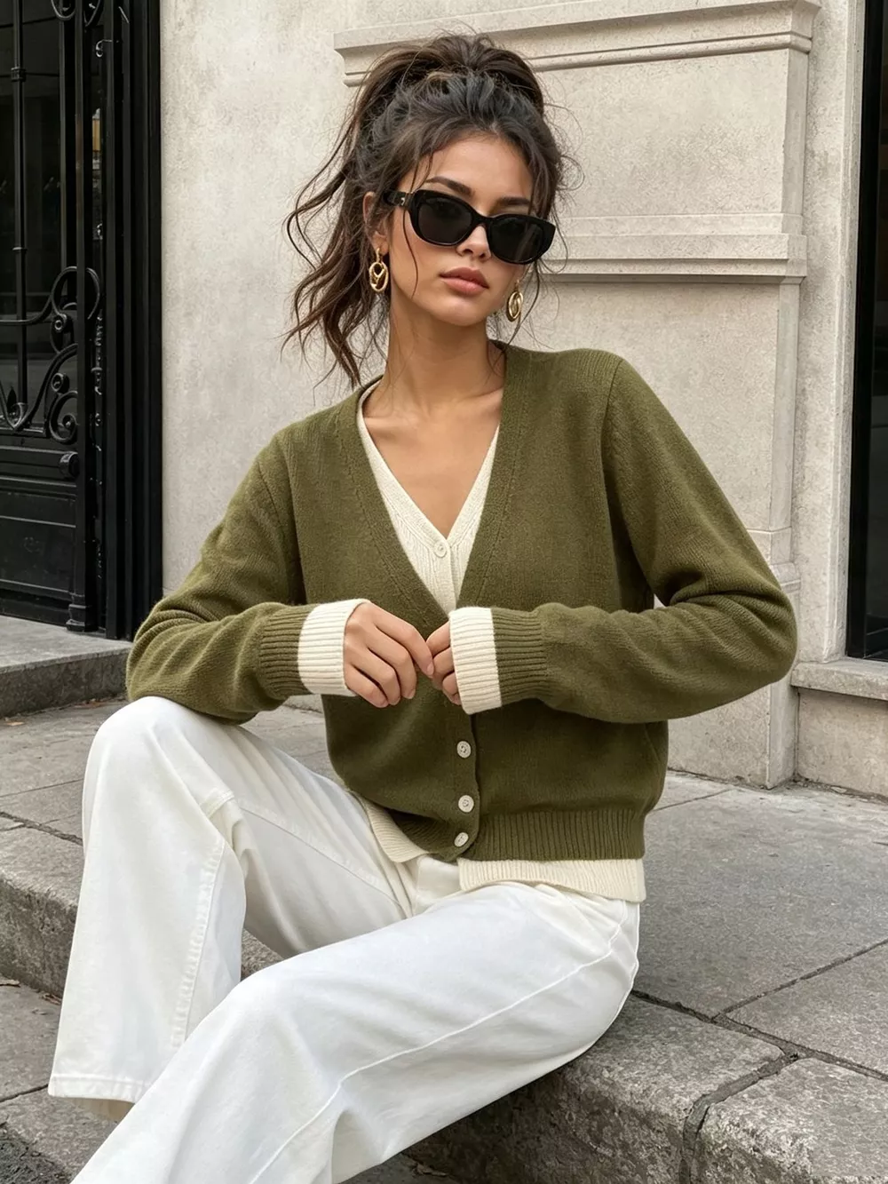 V-Neck Button-Down Contrast Layered Cardigan, image 11