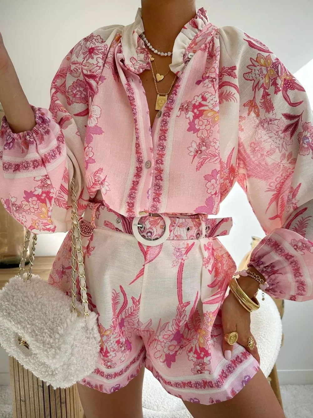 Floral Print Button Up Shirt and Shorts Set, image 3