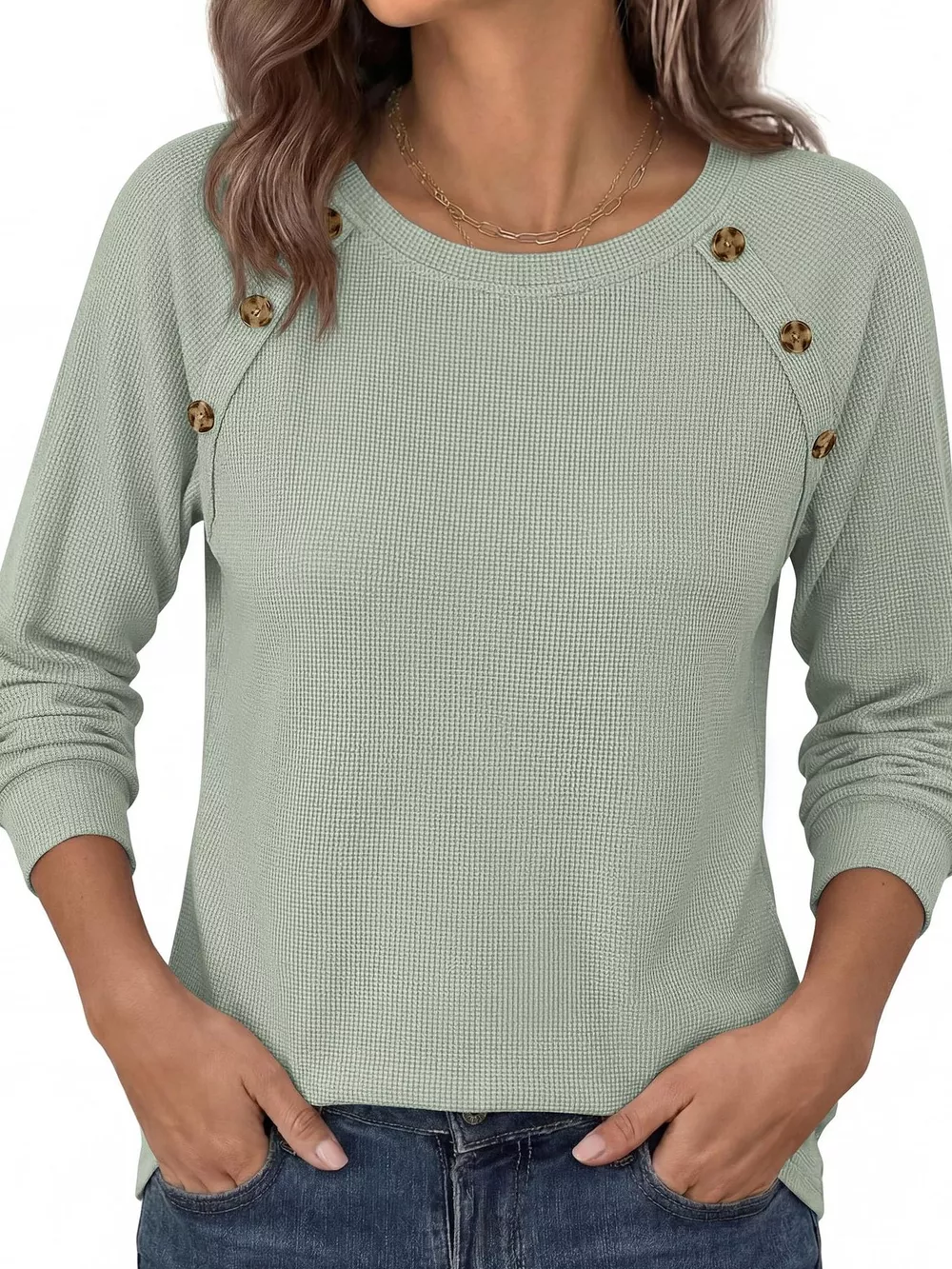 Decorative Button Waffle Knit Long Sleeve T-Shirt, image 10