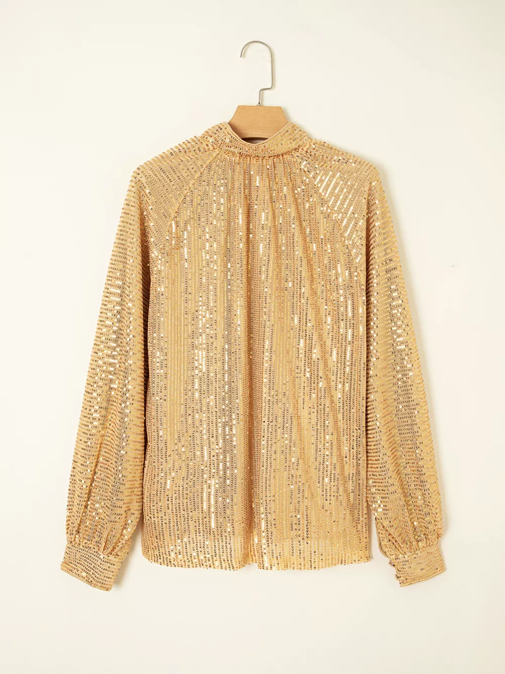 Metallic Balloon Sleeve Buttoned High Neck Loose Blouse, image 10