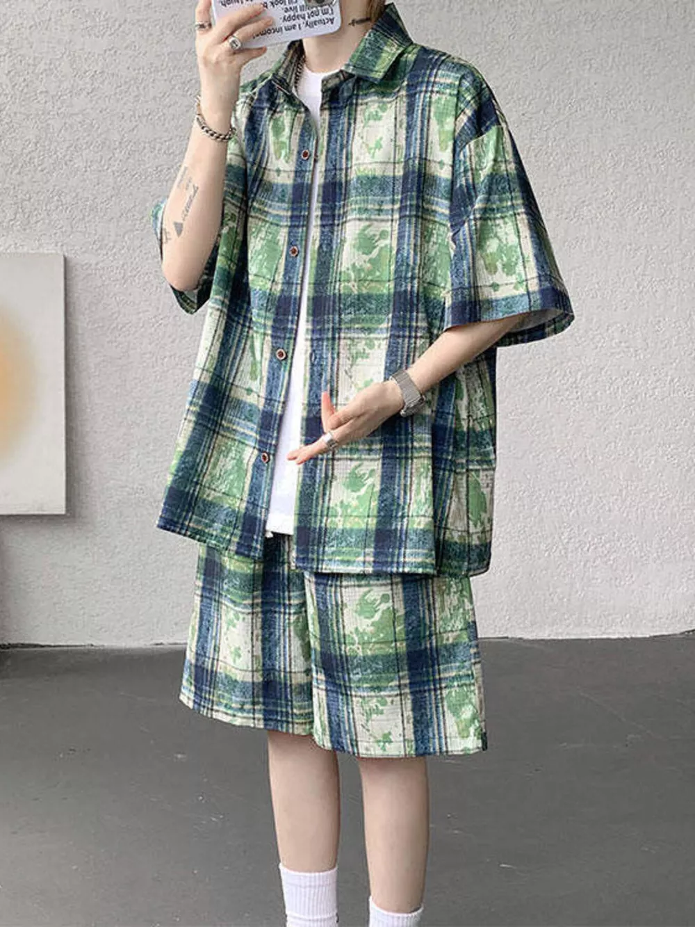 Men's Plus Size Casual Plaid Print Shirt & Shorts Set, image 8