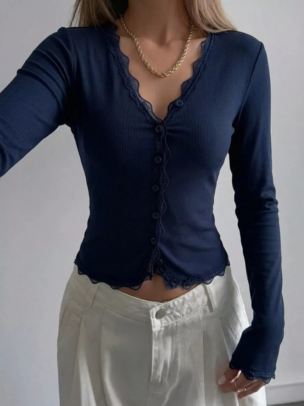 Lace Trim V-Neck Ribbed Long Sleeve Blouse, image 9