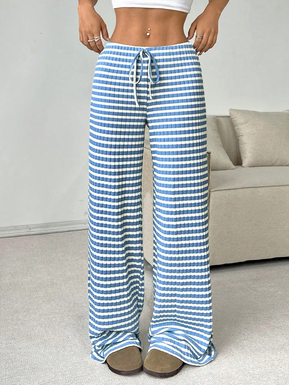 Striped Wide Leg Drawstring Pants, image 32