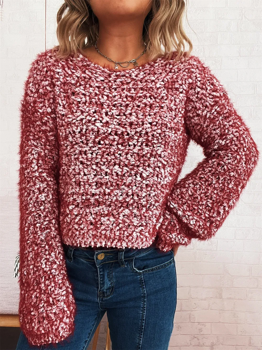 Crochet Round Neck Dropped Shoulder Sweater, image 17