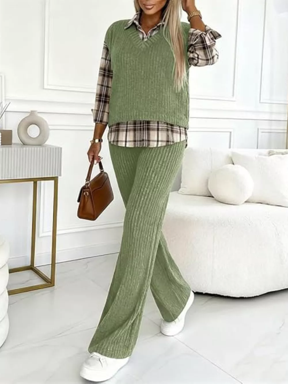 Ribbed Knit Plaid Sleeve Top & Pants Set, image 12