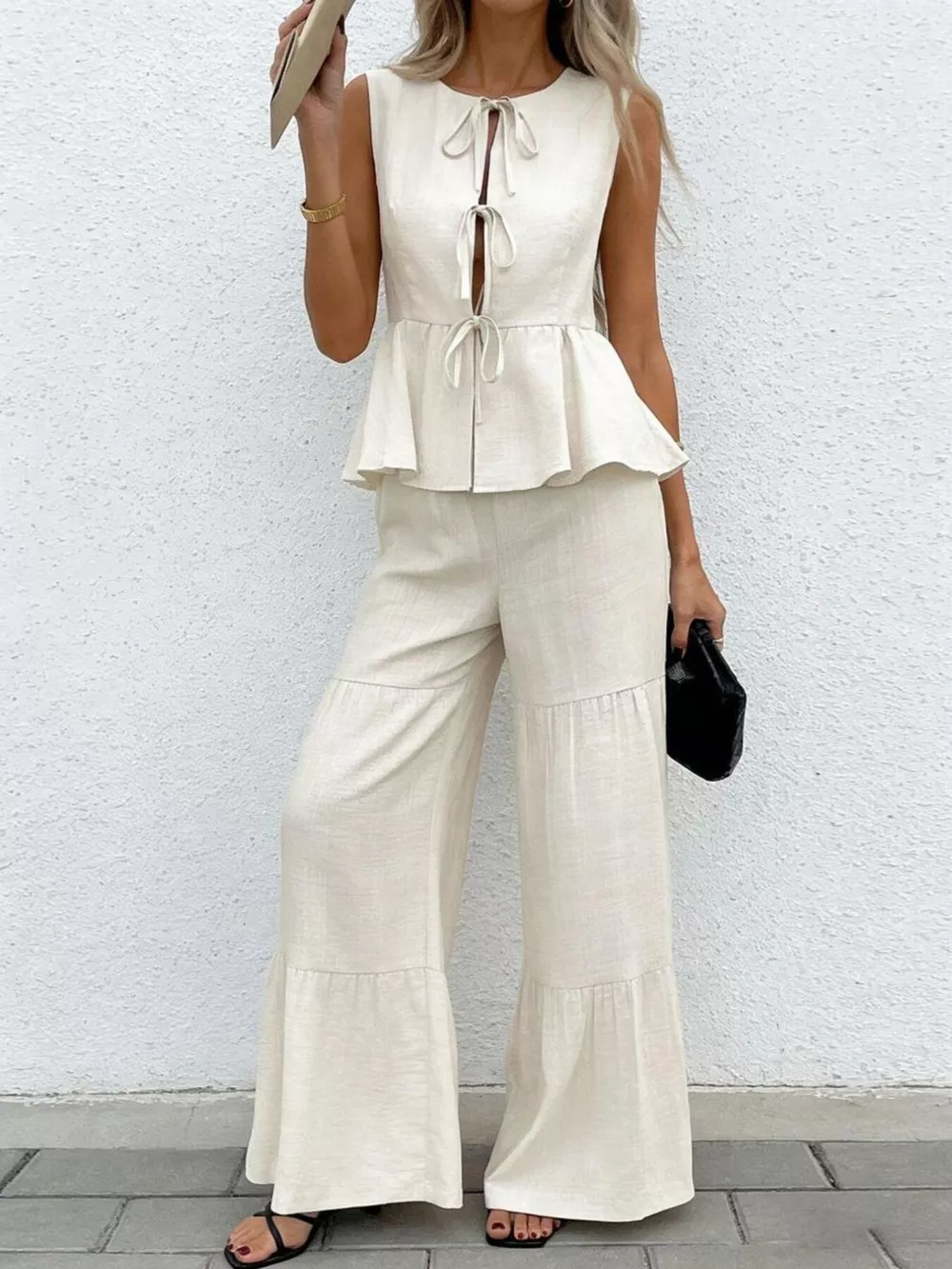 Sleeveless Tie-Front Top and Wide Leg Pants Set, image 2