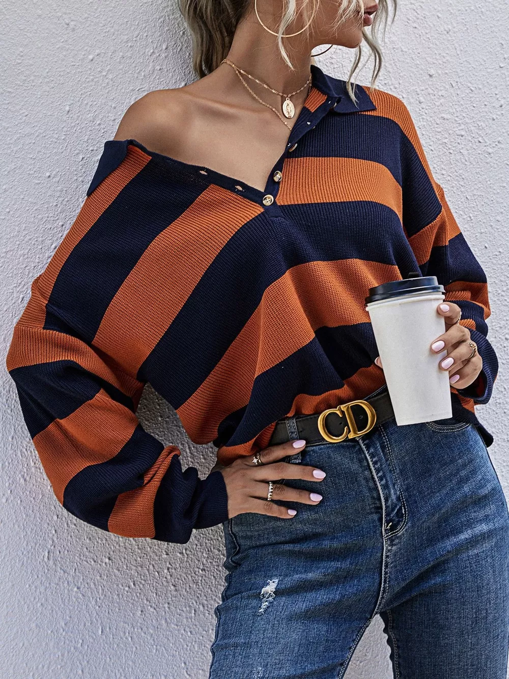 Striped Button Detail Dropped Shoulder Knit Top, image 4