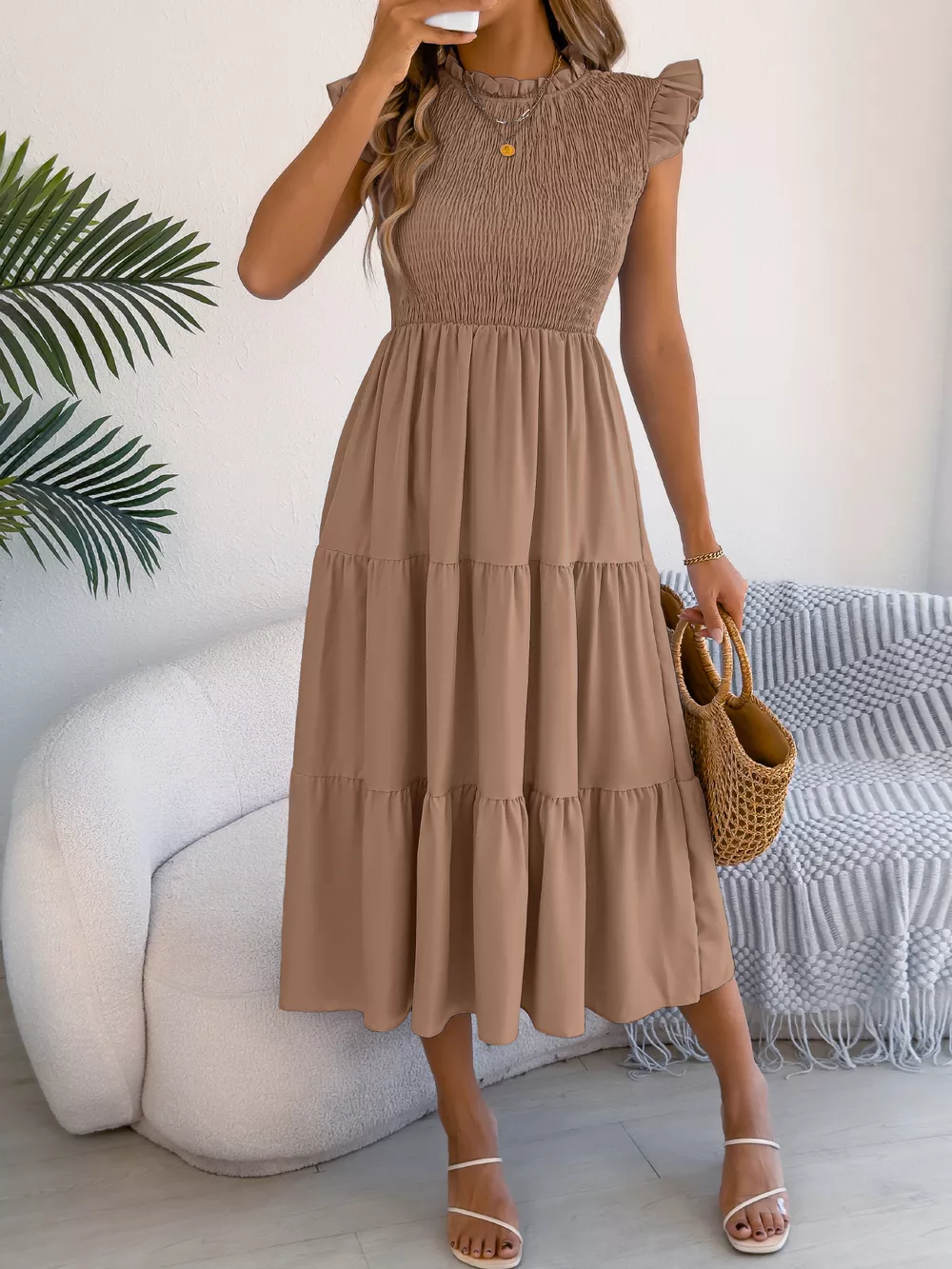 Smocked Ruffled Cap Sleeve Dress, image 14