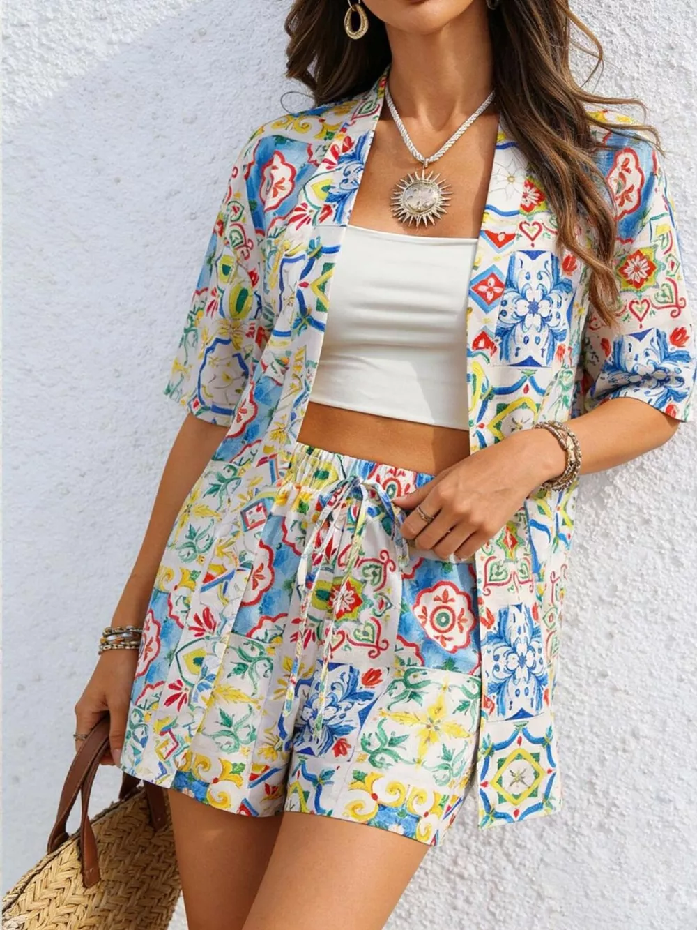 Printed Button Up Shirt and Shorts Set, image 3