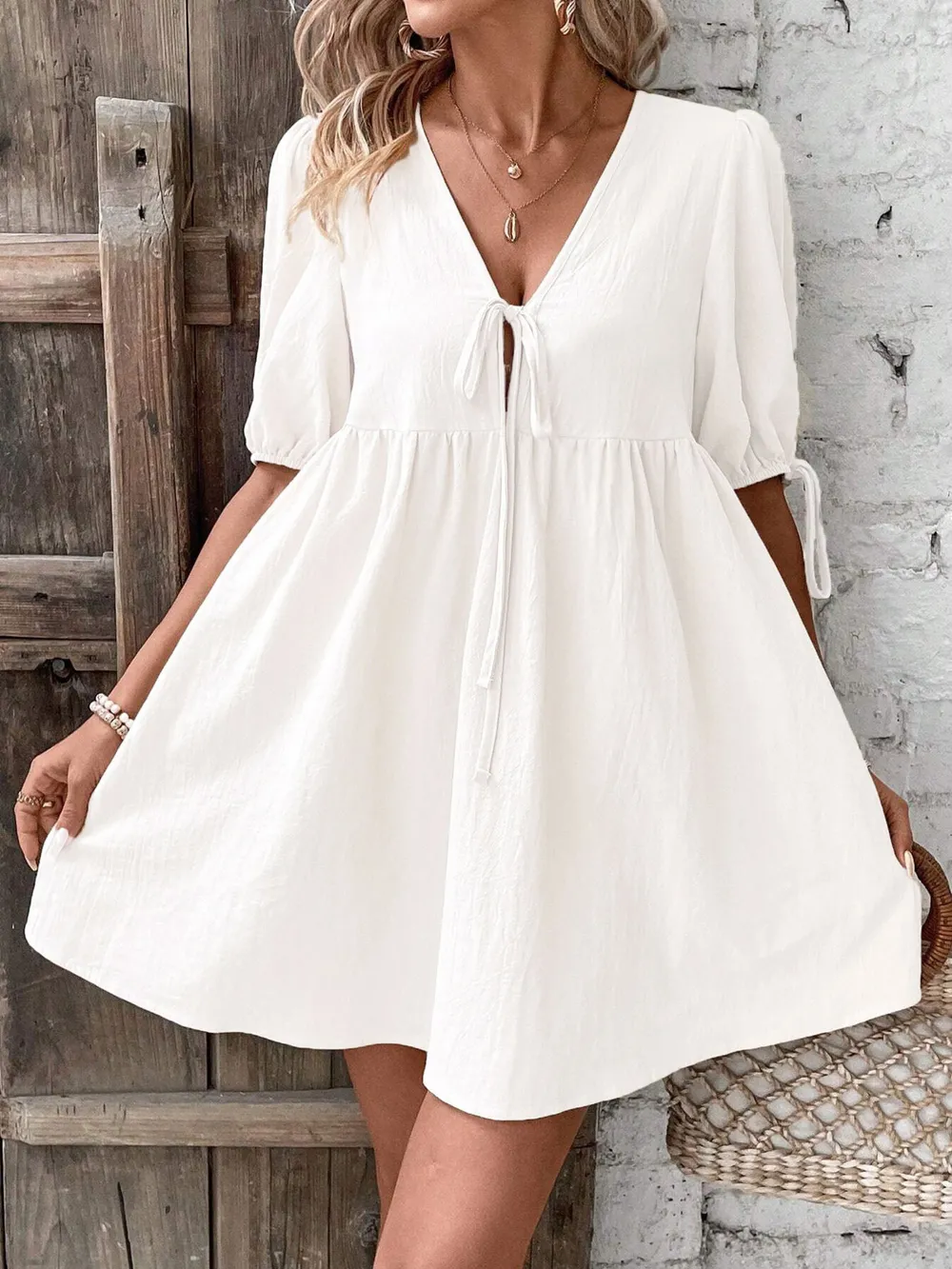 V-Neck Tie-Front Mini Dress with Puff Sleeves, image 21