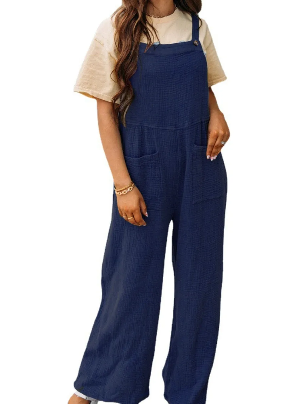 Full Size Casual Wide Leg Textured Overalls Plus Size, image 29