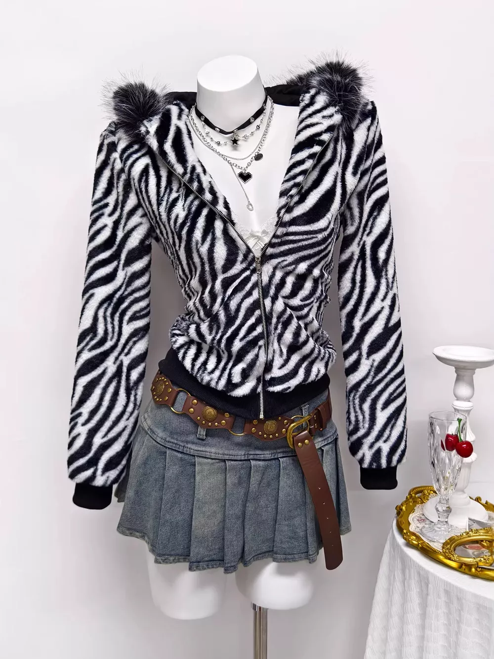 Zebra Faux Fur Hooded Zip-Up Outerwear, image 3