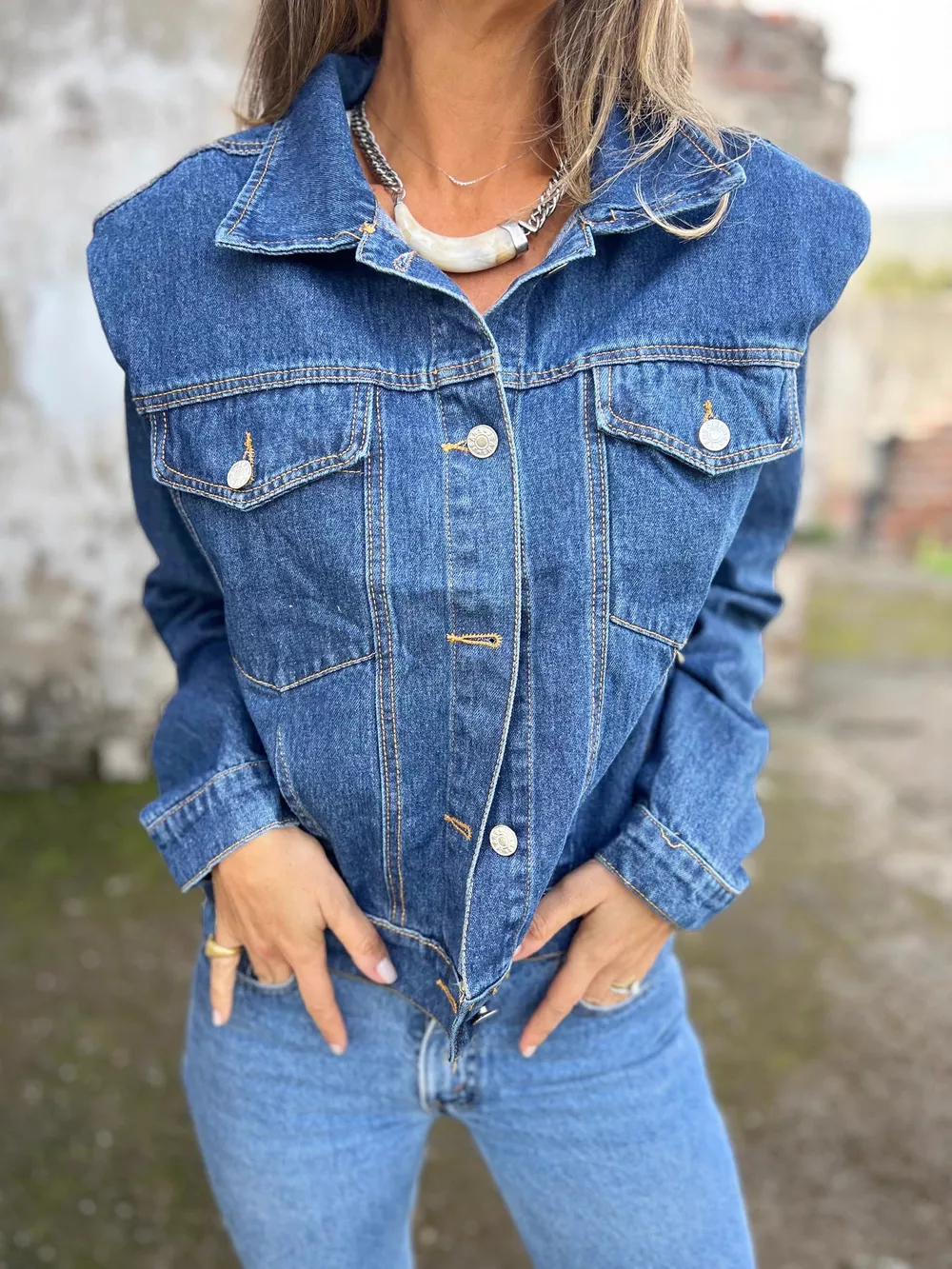 Plus Size Button Up Chest Pockets Denim Jacket, image 2