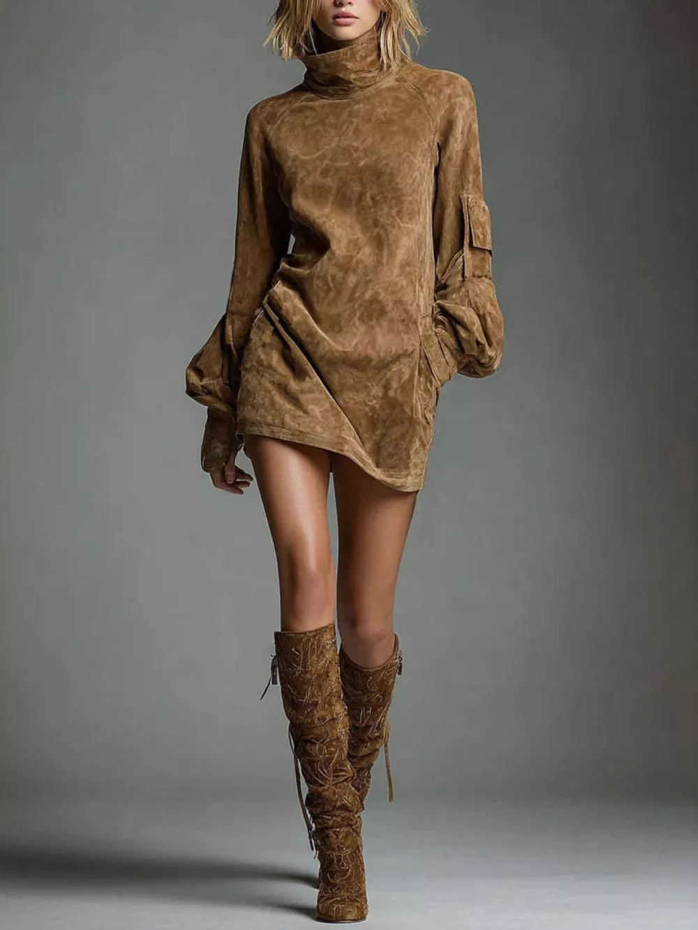 Turtleneck Lantern Sleeve Mini Dress with Pockets, image 2