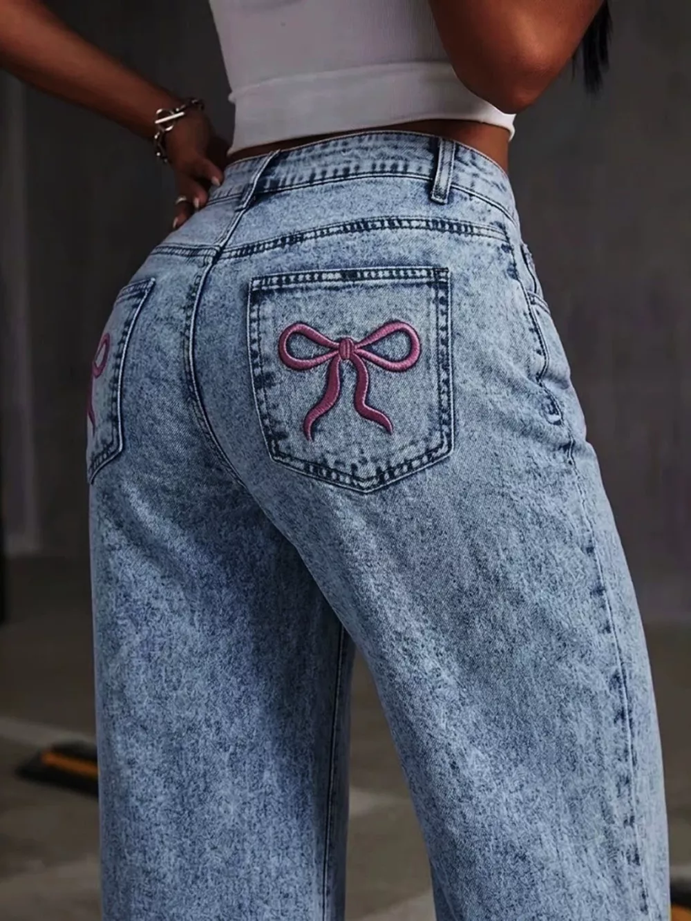 Washed Wide Leg Jeans with Embroidered Bow Detail, image 5
