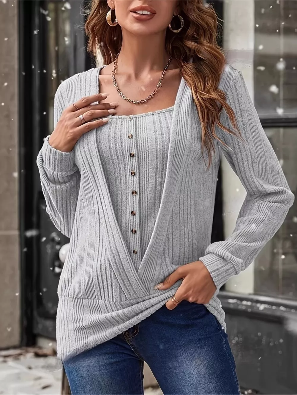 Ribbed Knit Faux Layered T-Shirt, image 2