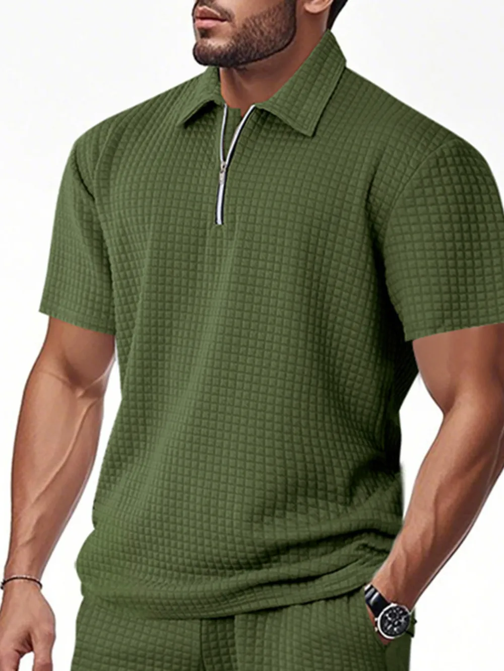 Men's Full Size Waffle Short Sleeve Polo with Zipper Detail Plus Size