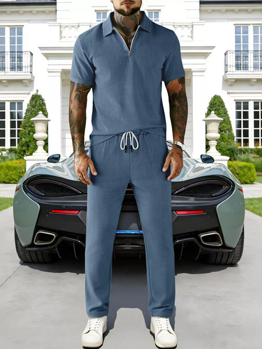 Men's Full Size Casual Zipper Polo Shirt and Drawstring Pants Set Plus Size, image 3