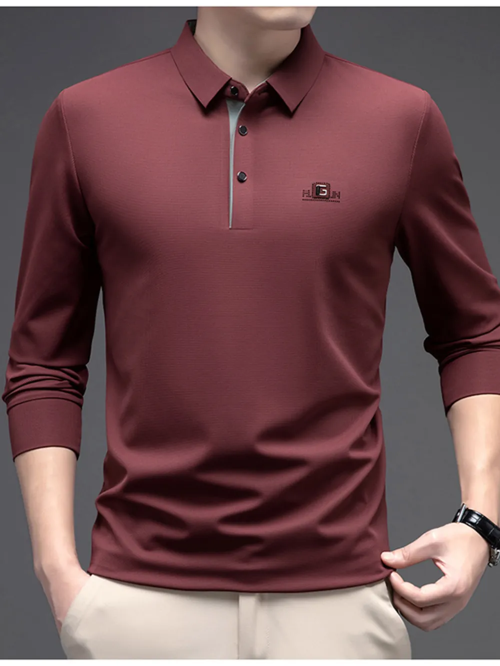 Men's Plus Size Button Detail Long Sleeve Polo, image 4
