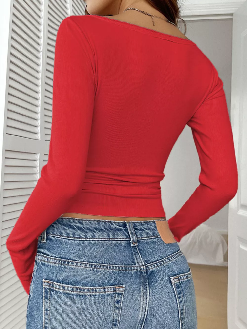 Ribbed Knit Lace Trim Long Sleeve T-Shirt, image 23