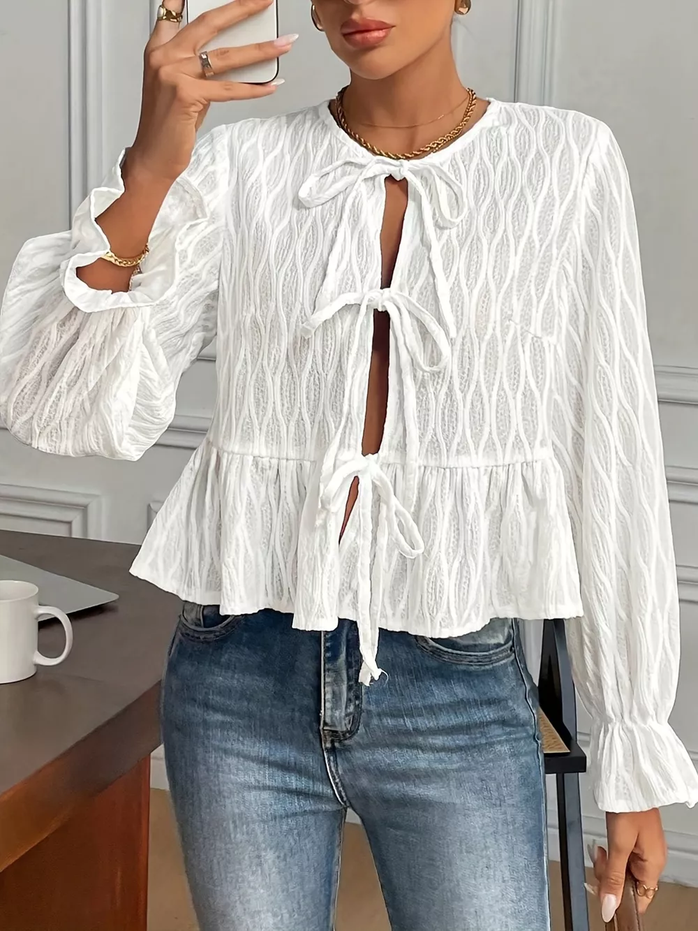 Tie Front Flounce Sleeve Blouse, image 5