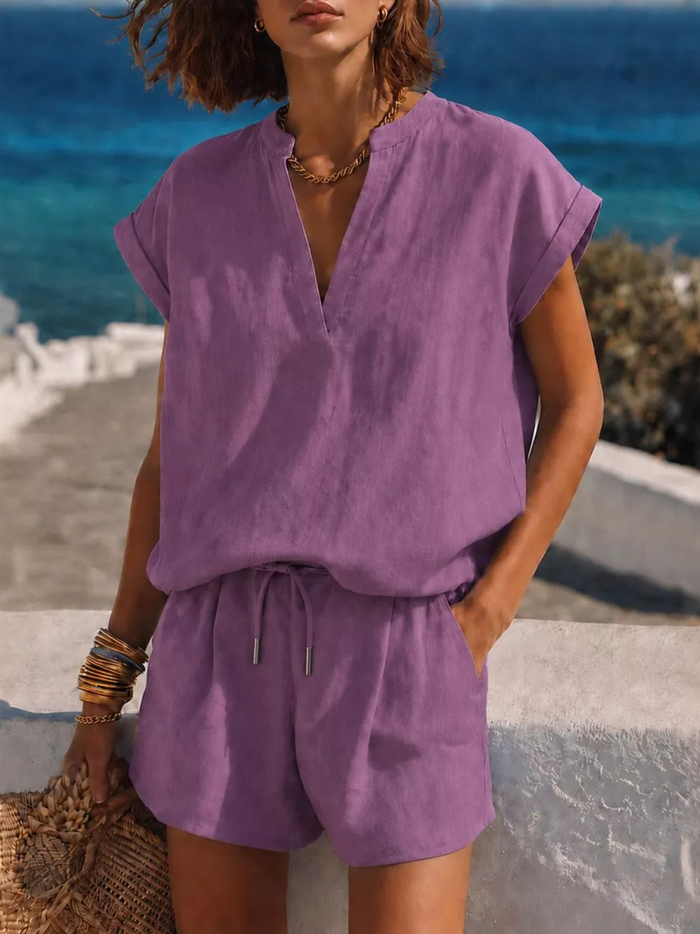 Notched Short Sleeve Top and Shorts Set, image 8