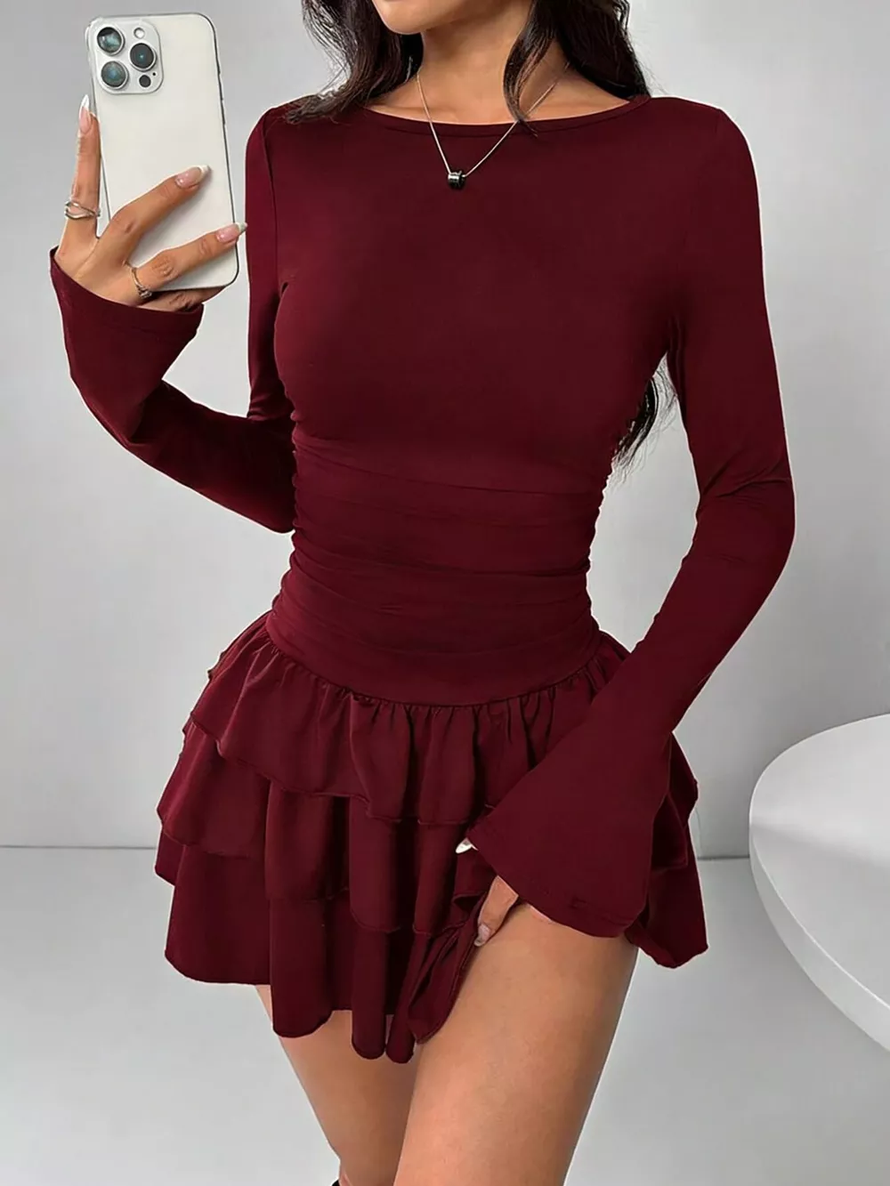 Ruched Long Sleeve Layered Ruffle Mini Dress, image 18