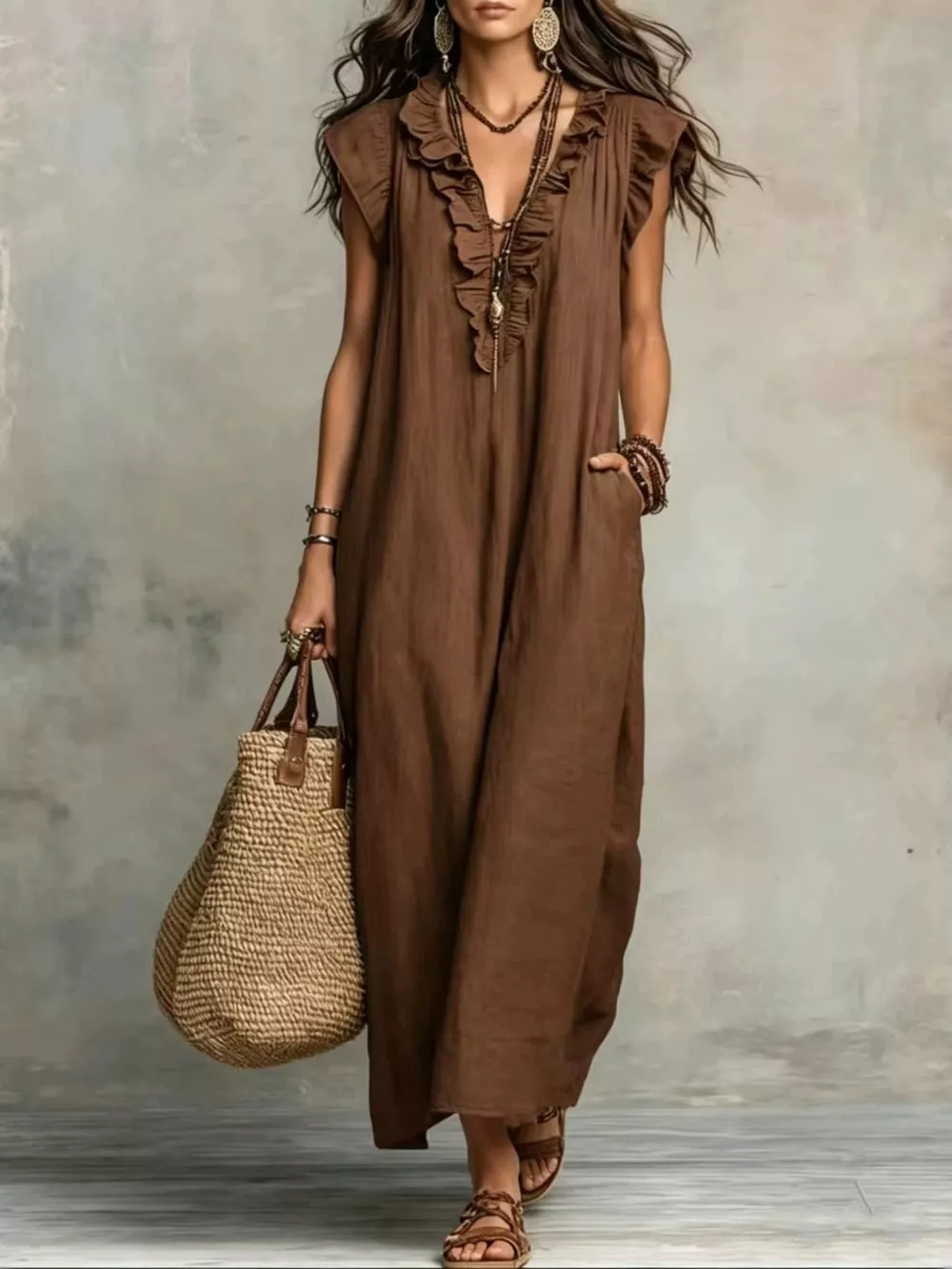 Full Size Ruffled V-Neck Cap Sleeve Maxi Dress Plus Size, image 8