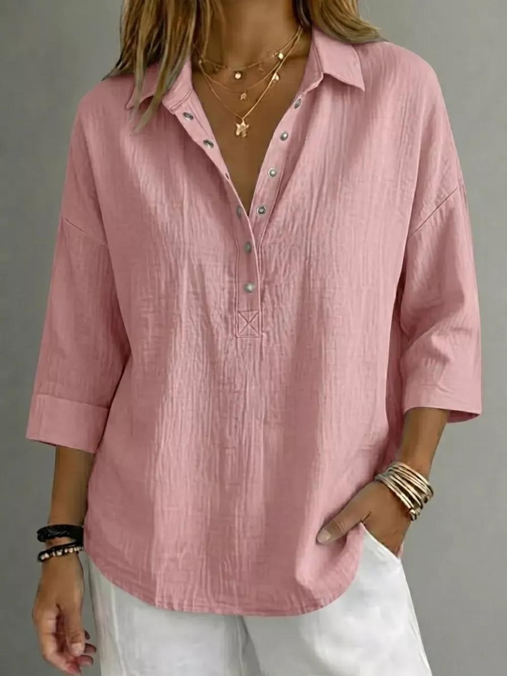 Full Size Snap Down 3/4 Sleeves Blouse Plus Size, image 8